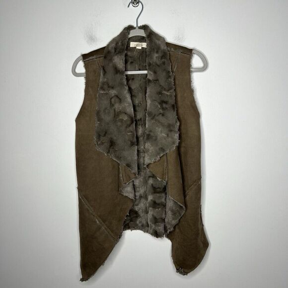 One The Land Vest Womens Medium Faux Fur Lined Faux Suede Brown Casual Boho Open - Picture 4 of 12